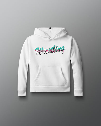 White hoodie with 'Wrestling' text on a gray background