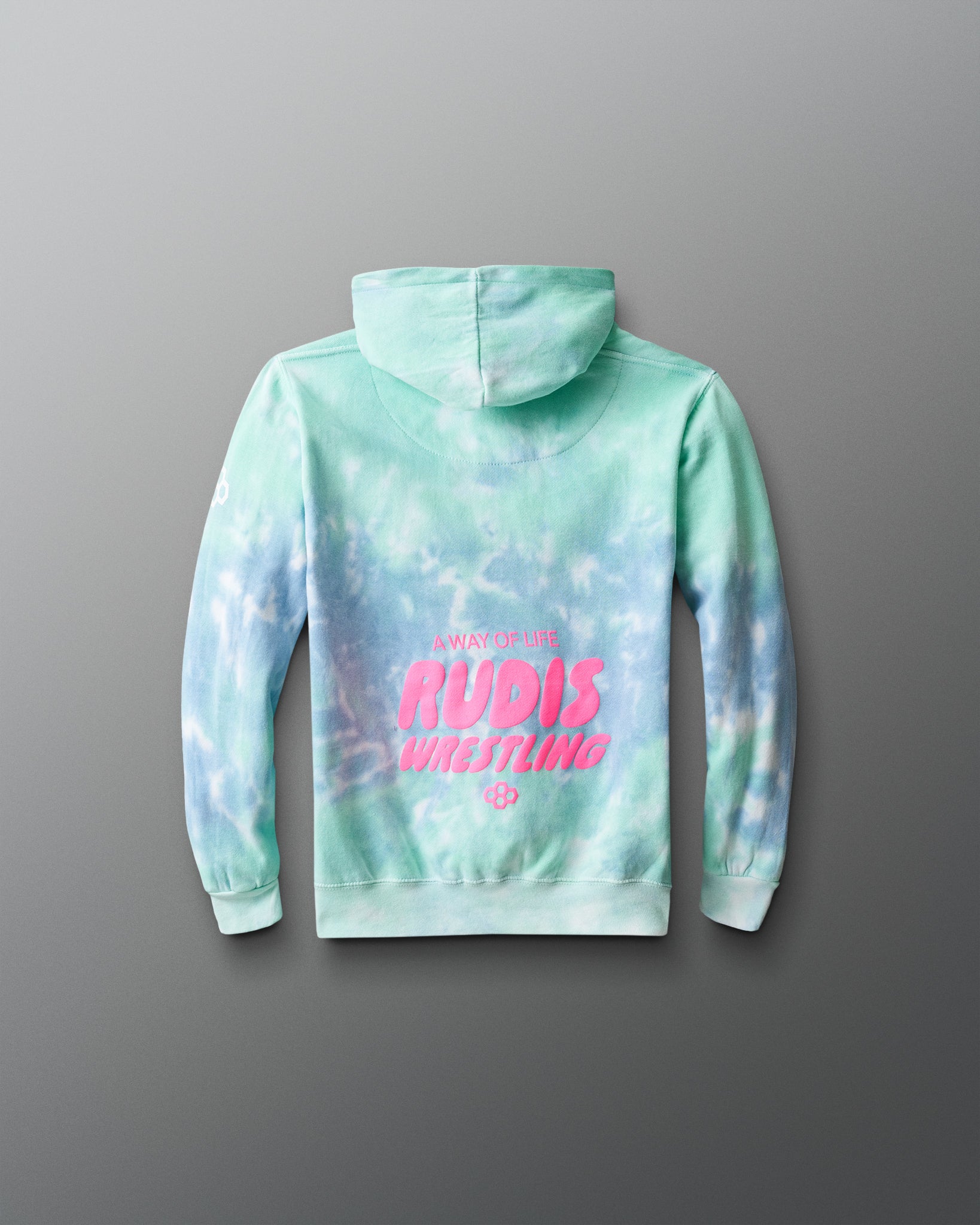 Tie-dye hoodie with pink text on a gray background