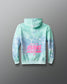 Tie-dye hoodie with pink text on a gray background