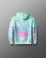 Tie-dye hoodie with pink text on a gray background