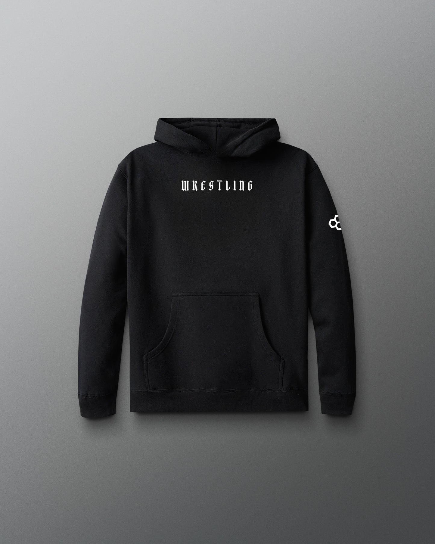 Black hoodie with 'Wrestling' text on a gray background