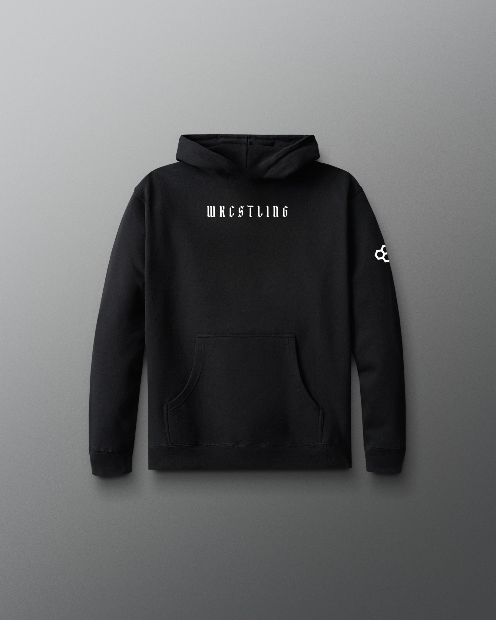 Black hoodie with 'Wrestling' text on a gray background