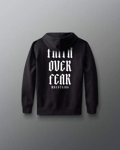 Black hoodie with white text on the back against a gray background