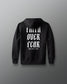 Black hoodie with white text on the back against a gray background