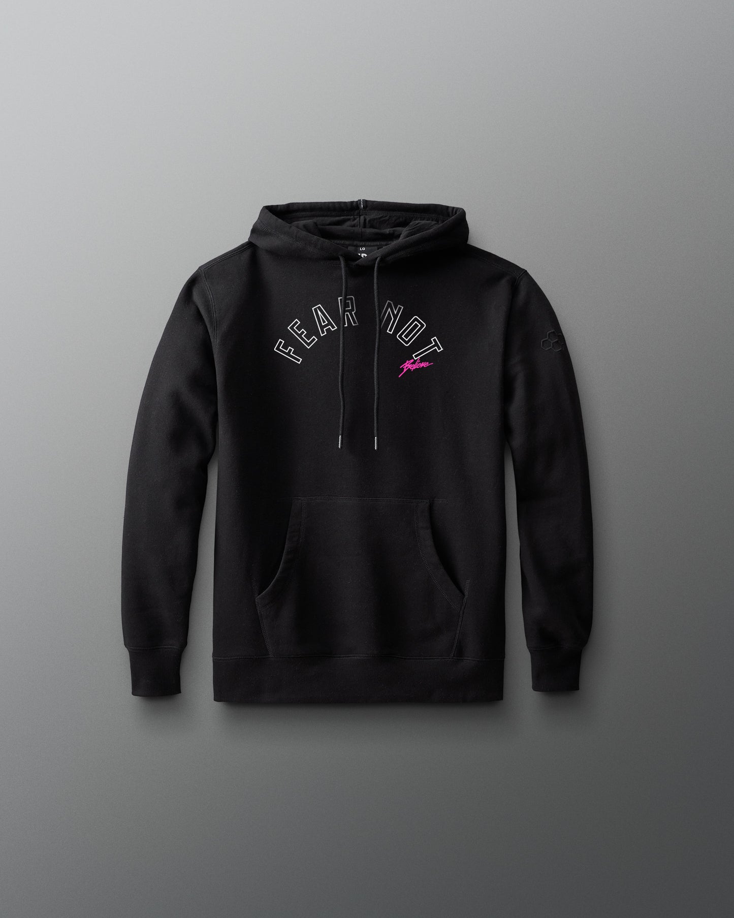 Black hoodie with a brand logo on a gray background