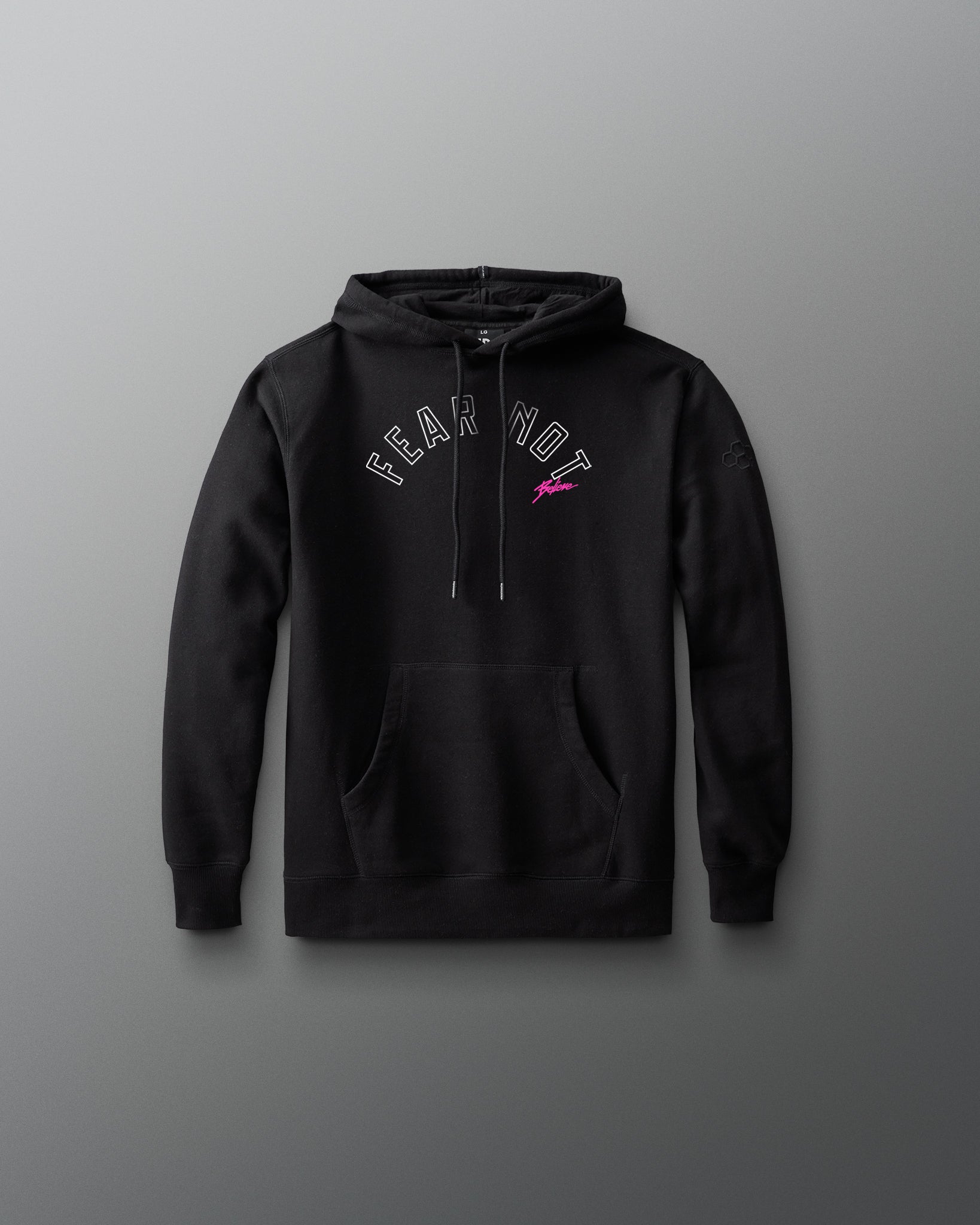 Black hoodie with a brand logo on a gray background
