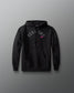 Black hoodie with a brand logo on a gray background