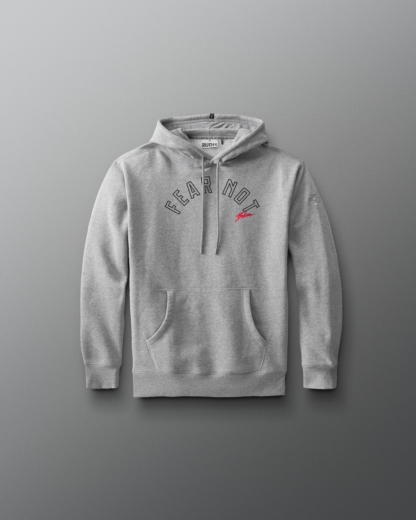 Gray hoodie with 'FEAR NOT' text on a gray background