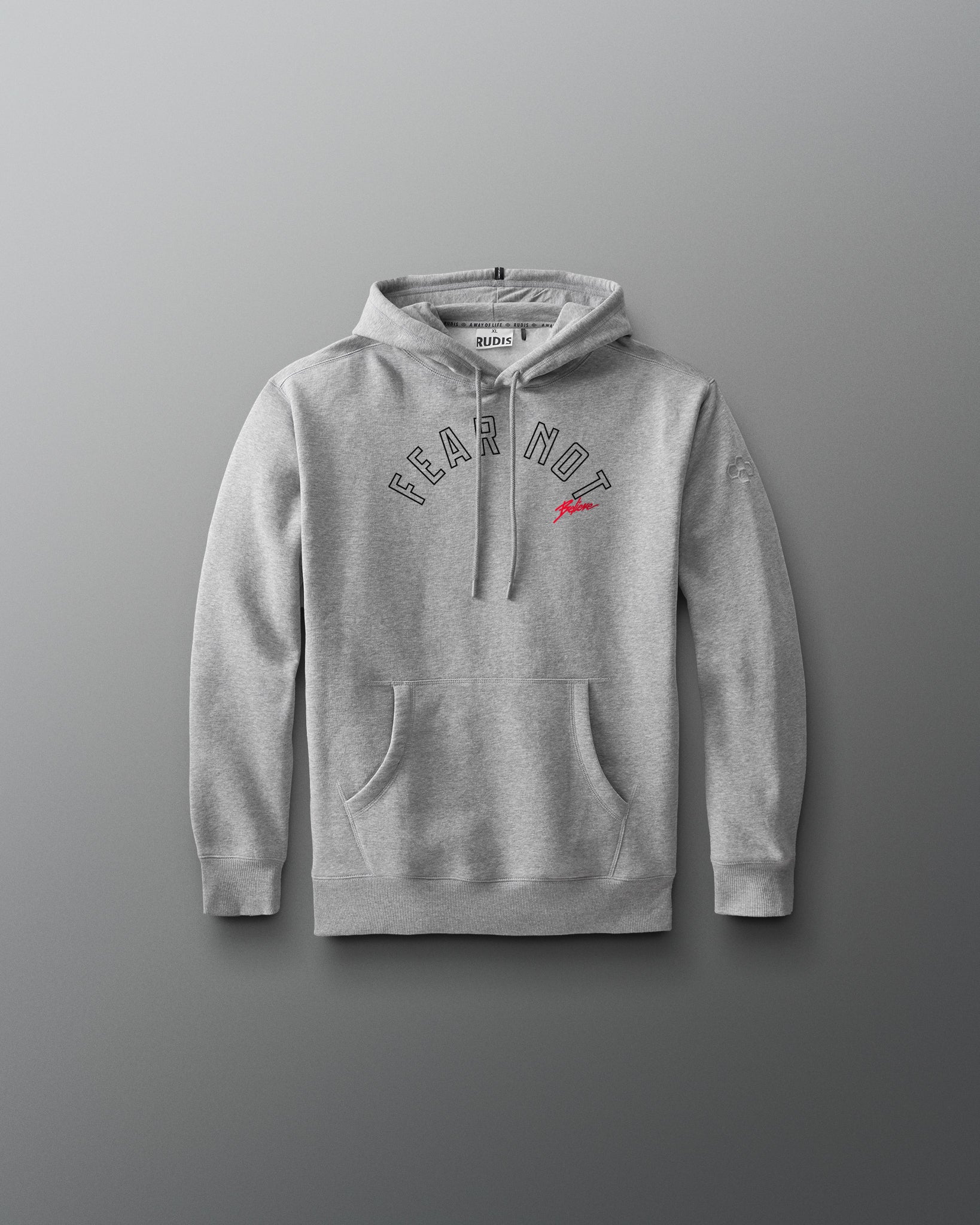 Gray hoodie with 'FEAR NOT' text on a gray background
