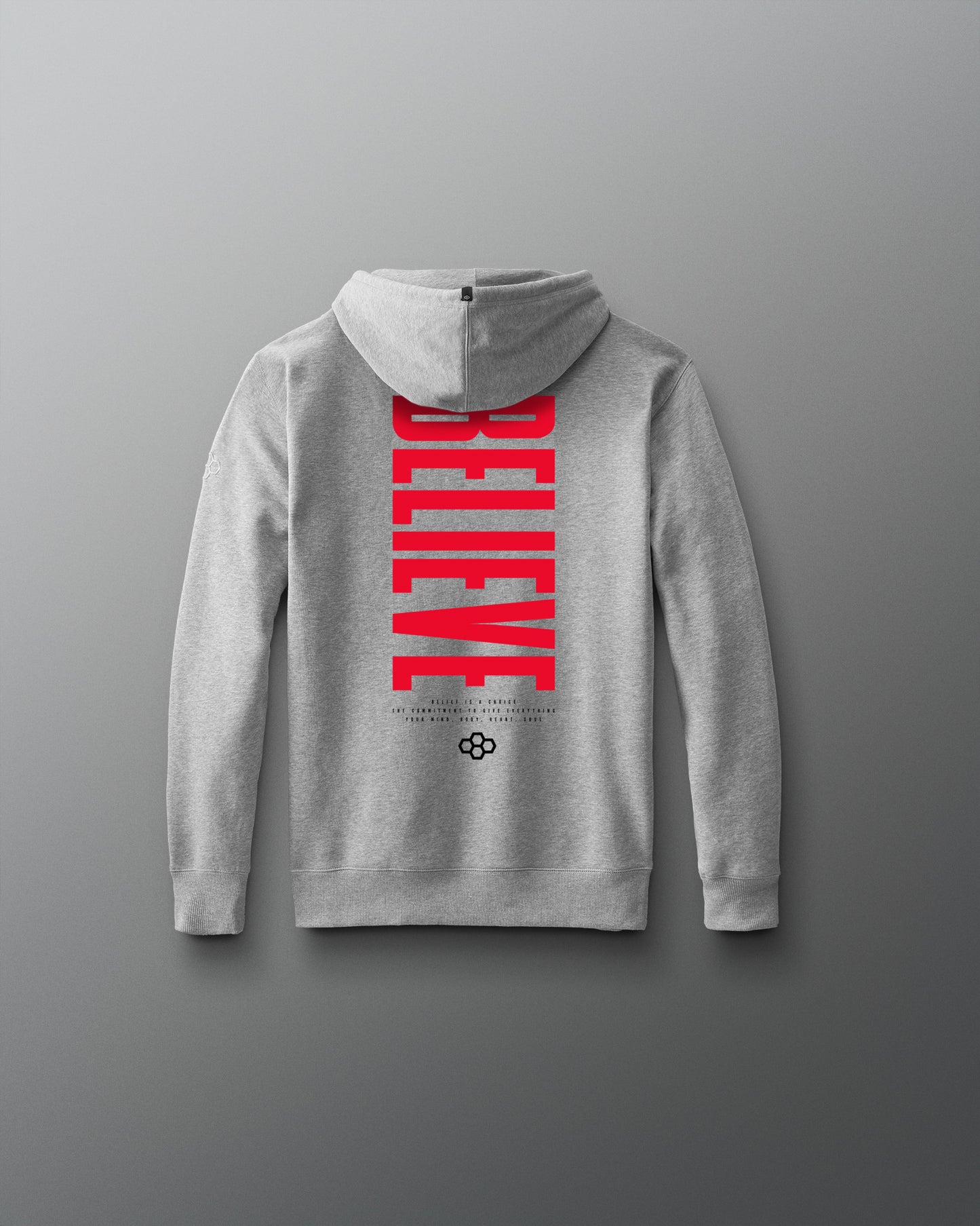 Gray hoodie with red 'BELIEVE' text on the back against a gray background