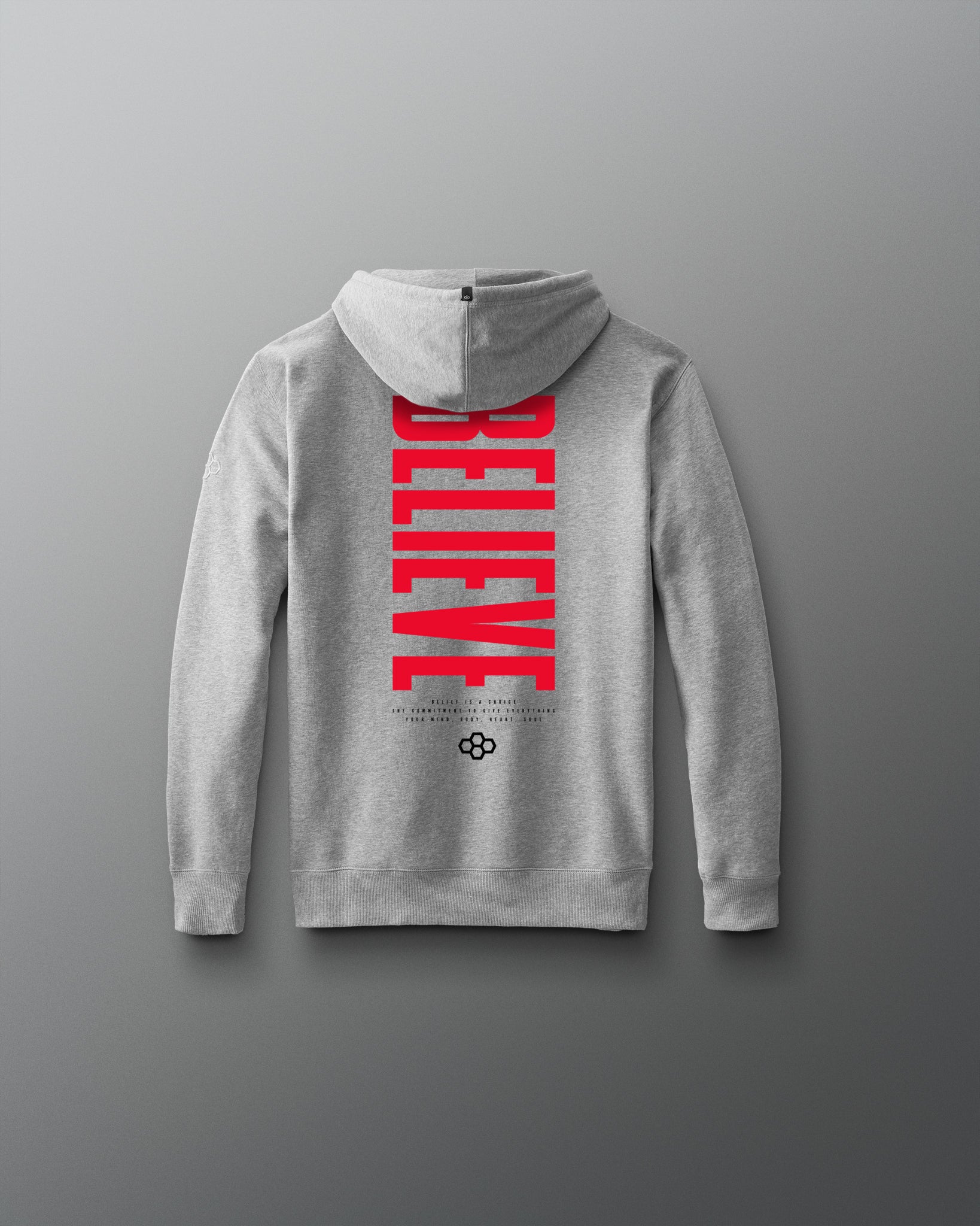 Gray hoodie with red 'BELIEVE' text on the back against a gray background