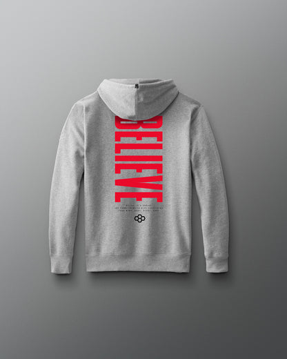 Gray hoodie with red 'BELIEVE' text on the back against a gray background