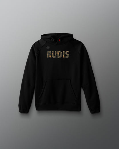 Black hoodie with 'RUDIS' branding on a gray background