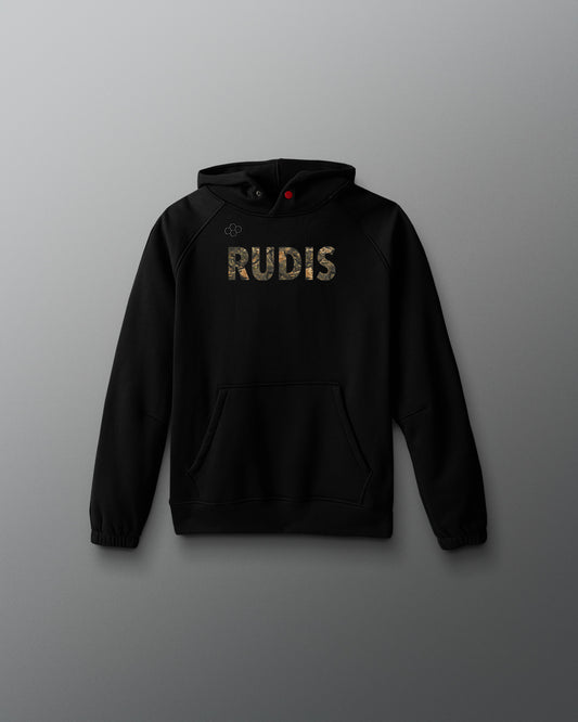 Black hoodie with 'RUDIS' branding on a gray background