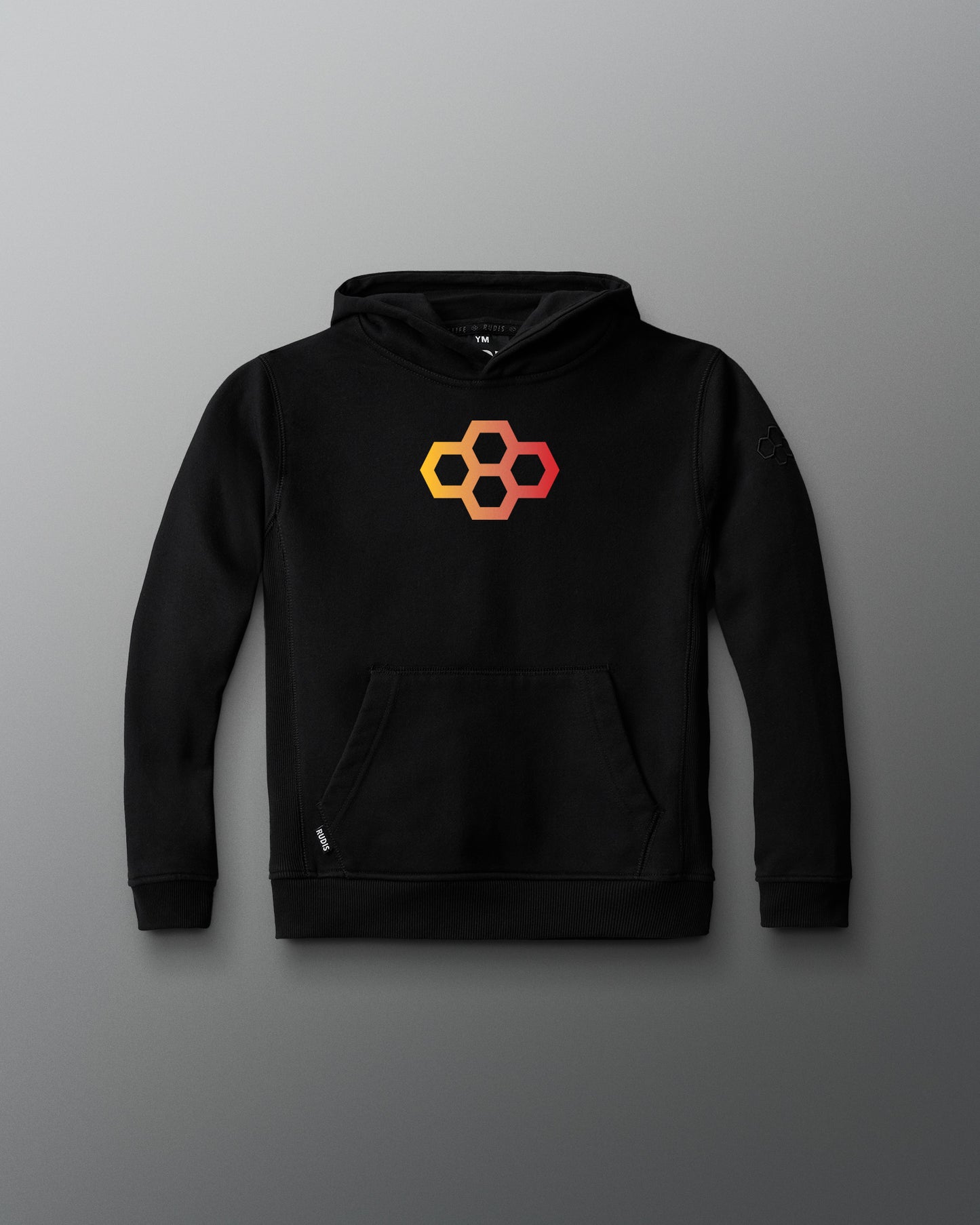 Black hoodie with a geometric logo on a gray background