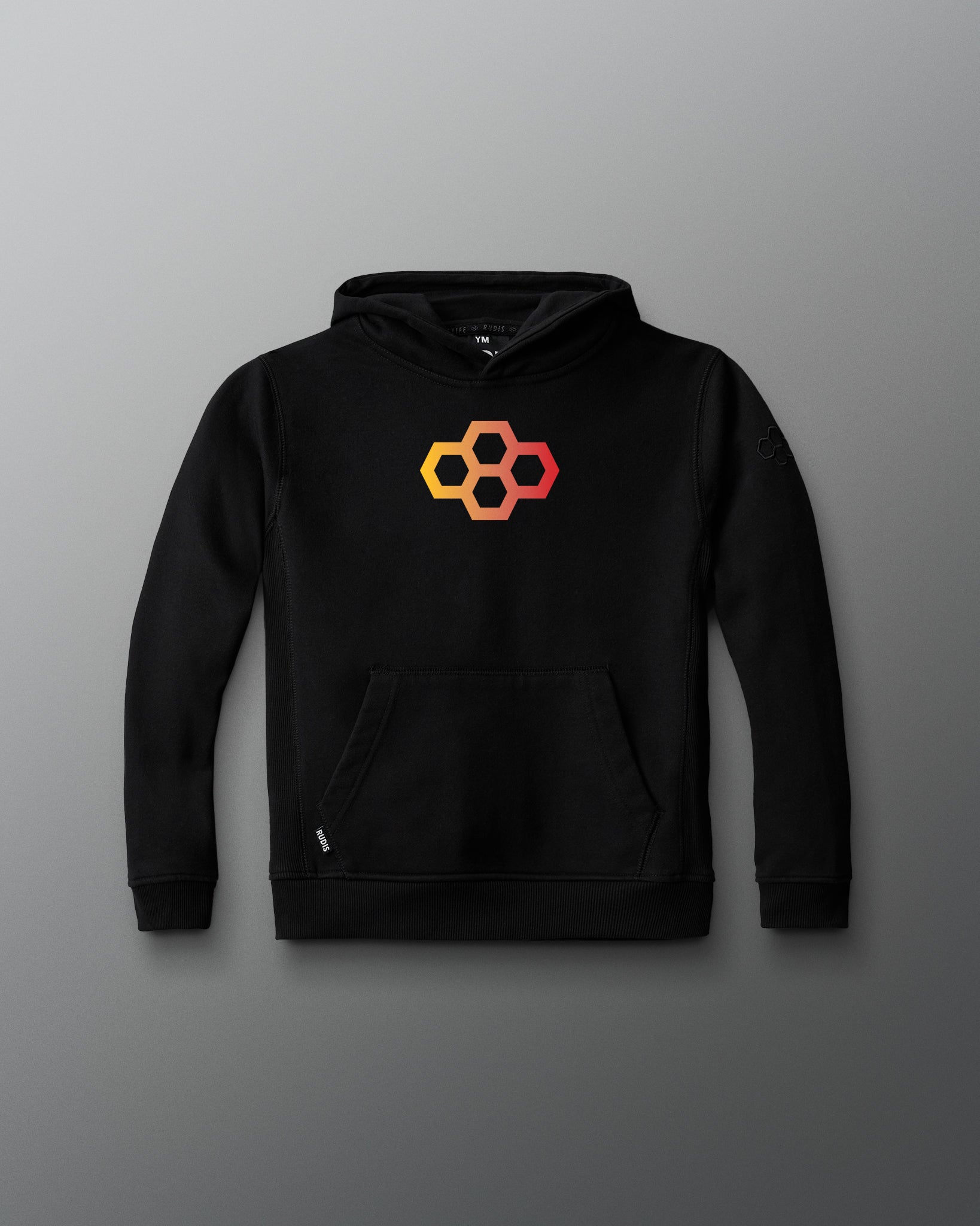 Black hoodie with a geometric logo on a gray background
