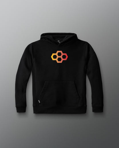 Black hoodie with a geometric logo on a gray background