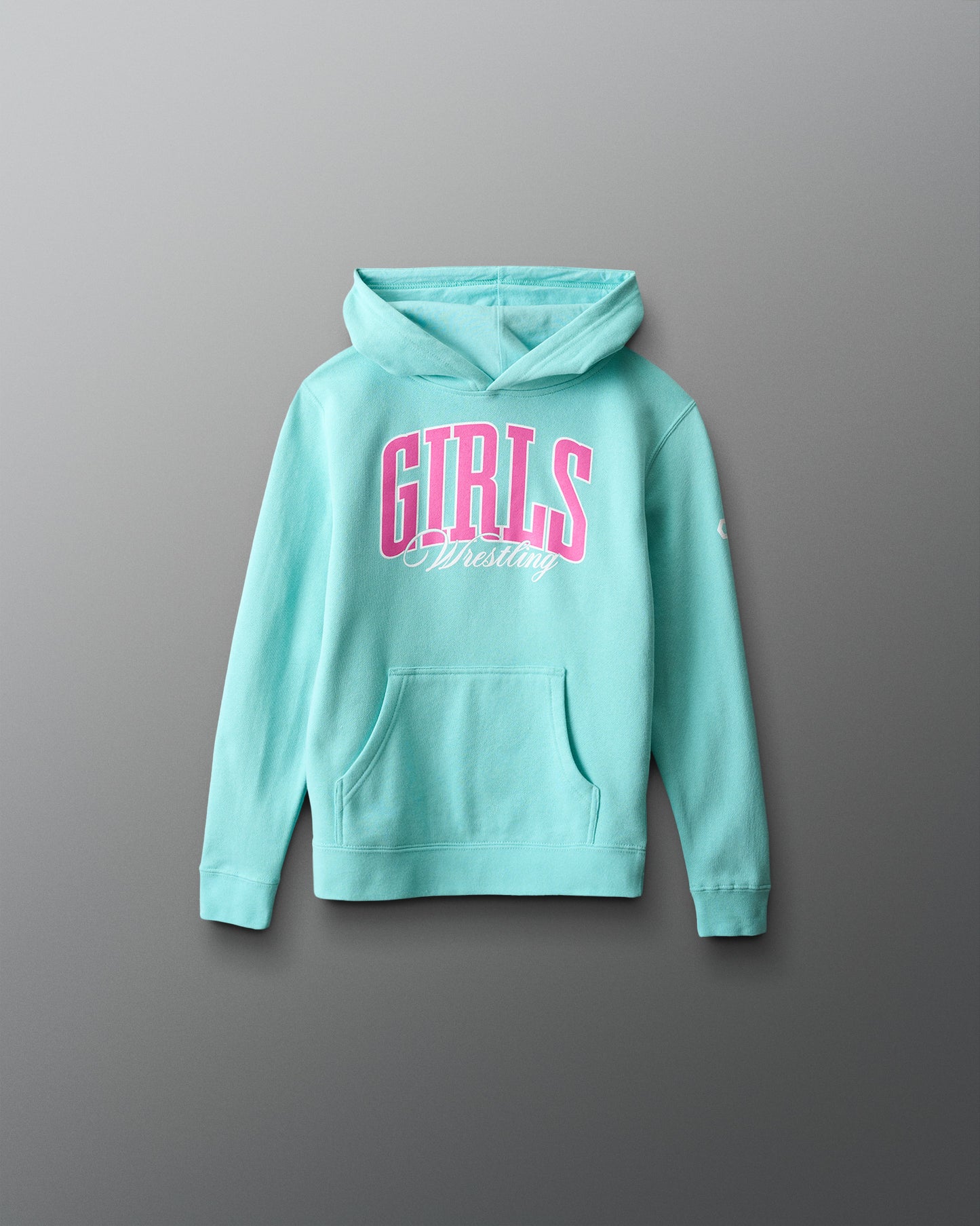 Turquoise hoodie with pink text on a gray background