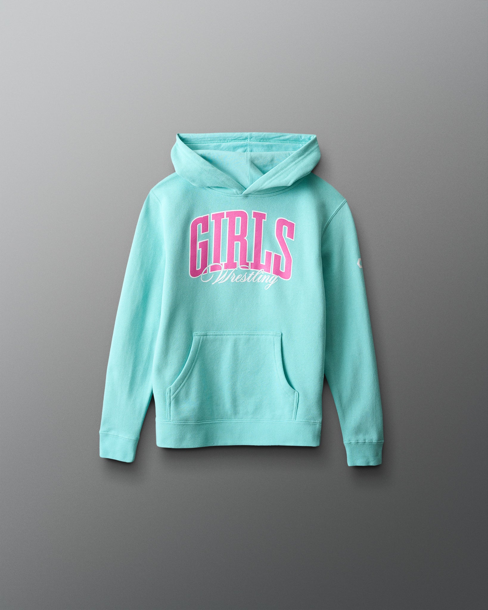 Turquoise hoodie with pink text on a gray background