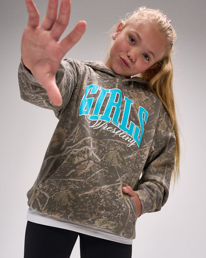 Girl wearing a camouflage hoodie with 'Girls Wrestling' text on a gray background