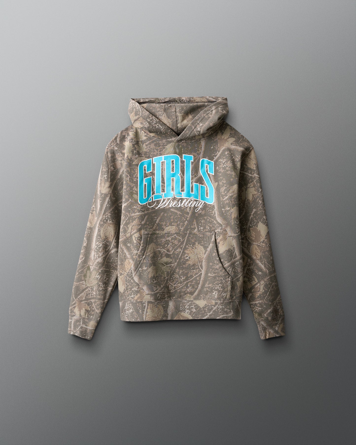 Camouflage hoodie with 'GIRLS Wrestling' text on a gray background