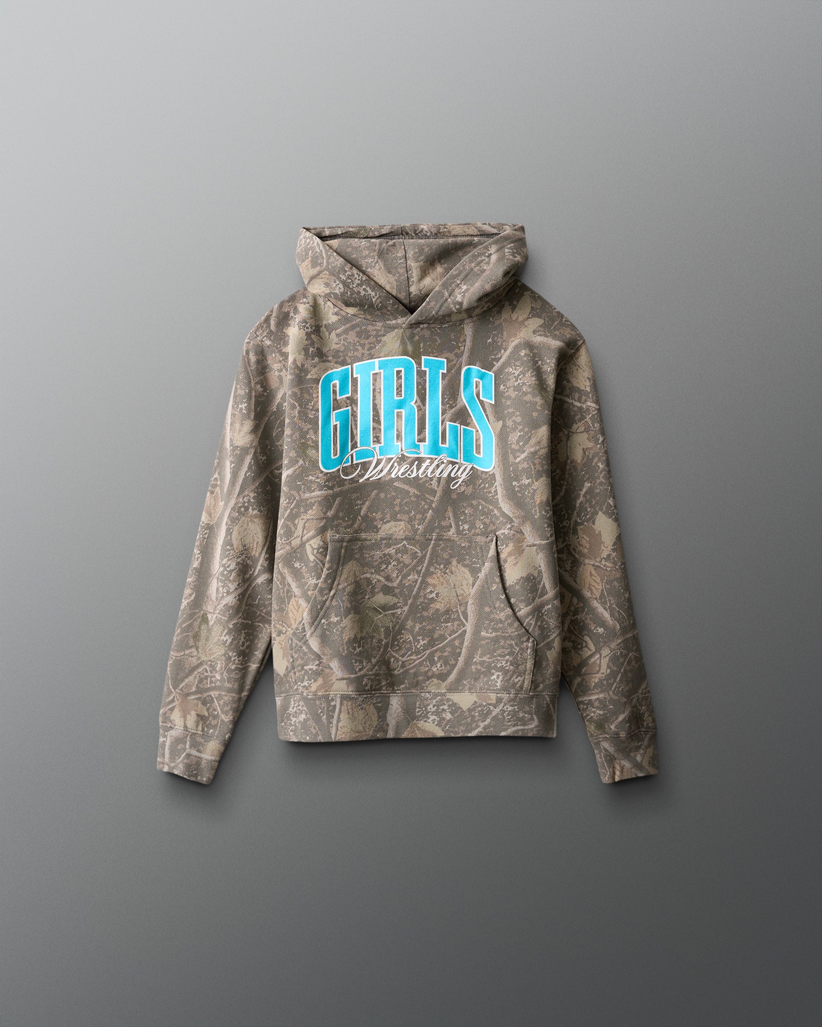Camouflage hoodie with 'GIRLS Wrestling' text on a gray background