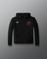 Black hoodie with text and logo on a gray background