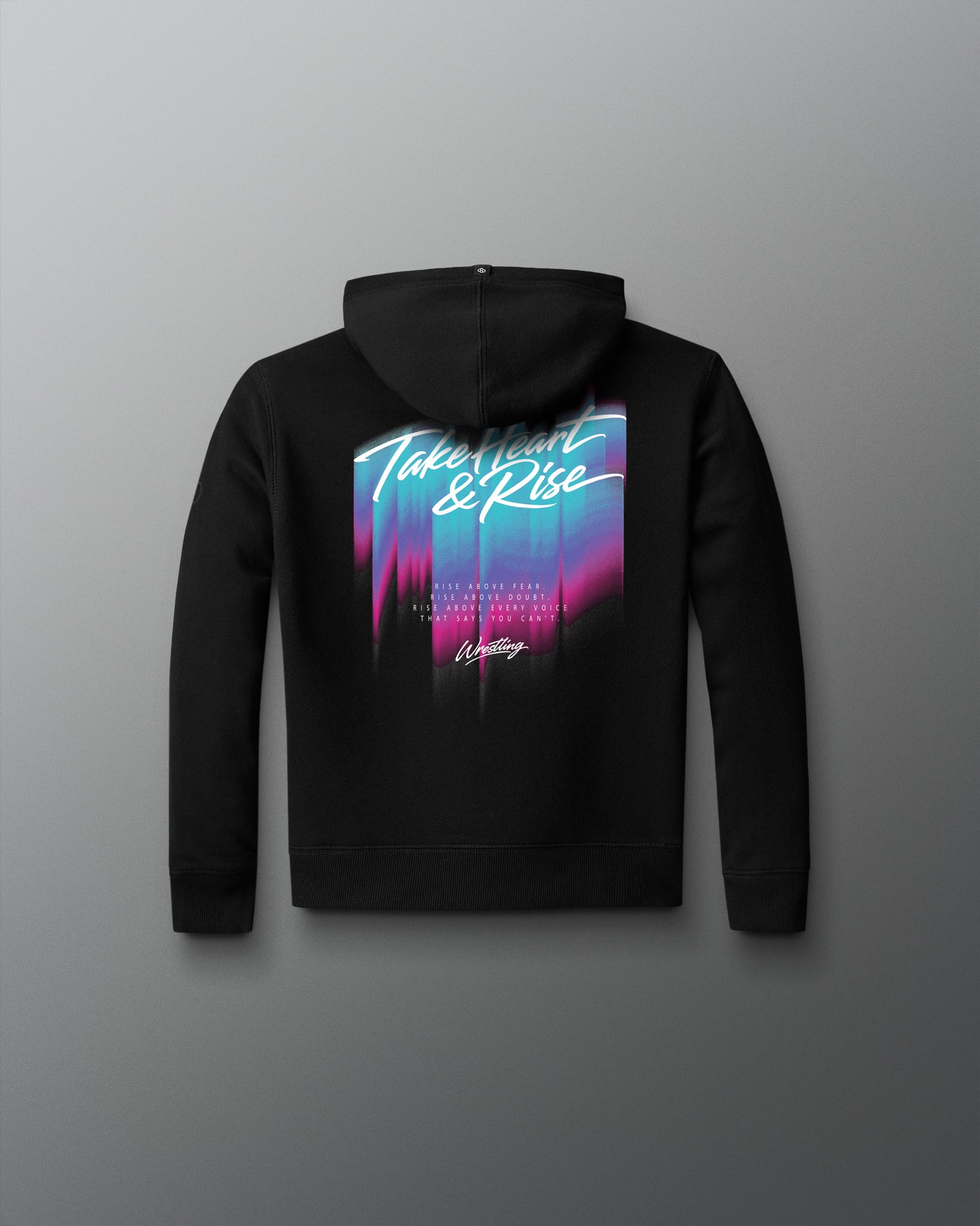 Black hoodie with colorful graphic on the back against a gray background