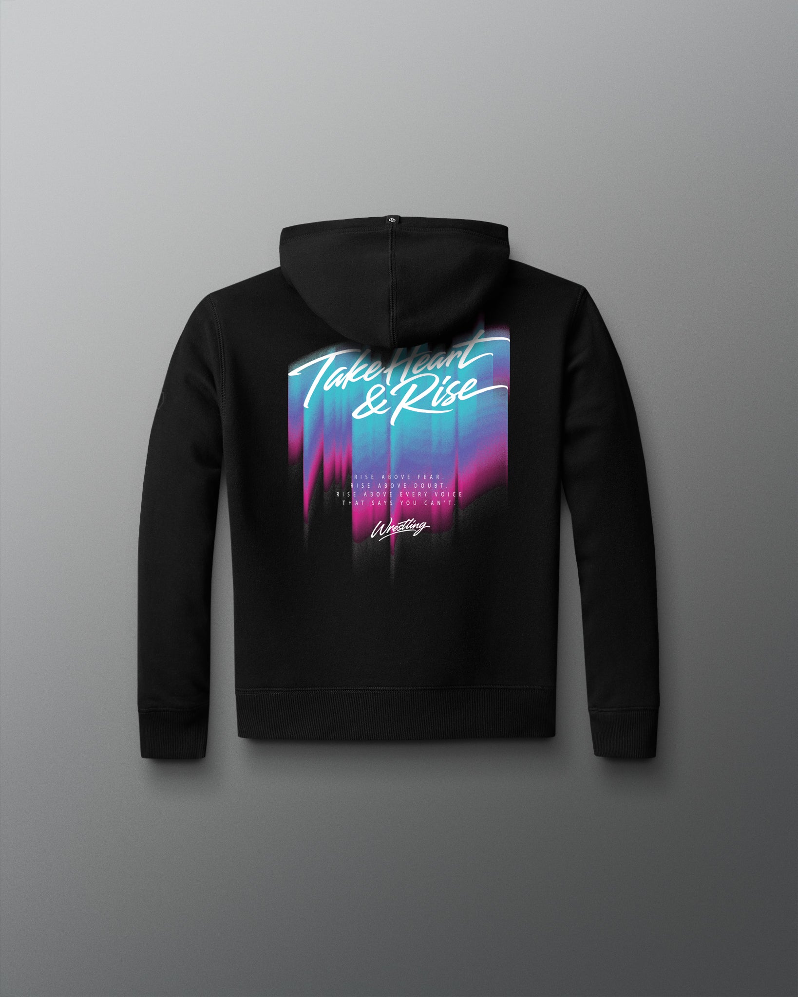 Black hoodie with colorful graphic on the back against a gray background