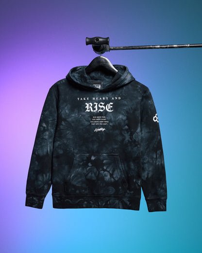 Black tie-dye hoodie with text on a hanger against a gradient background
