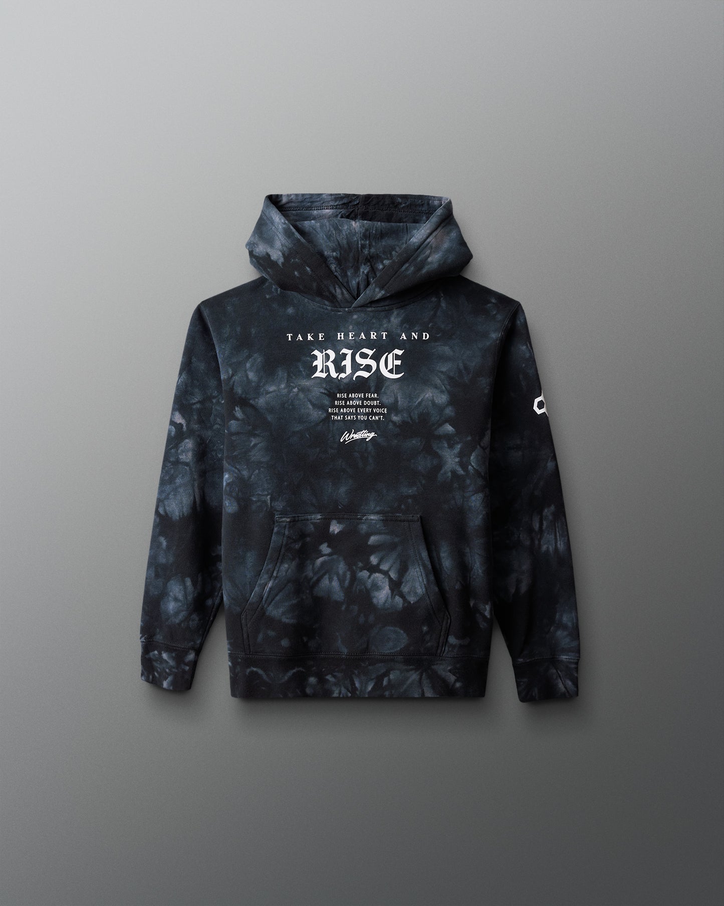 Tie-dye hoodie with text on a gray background