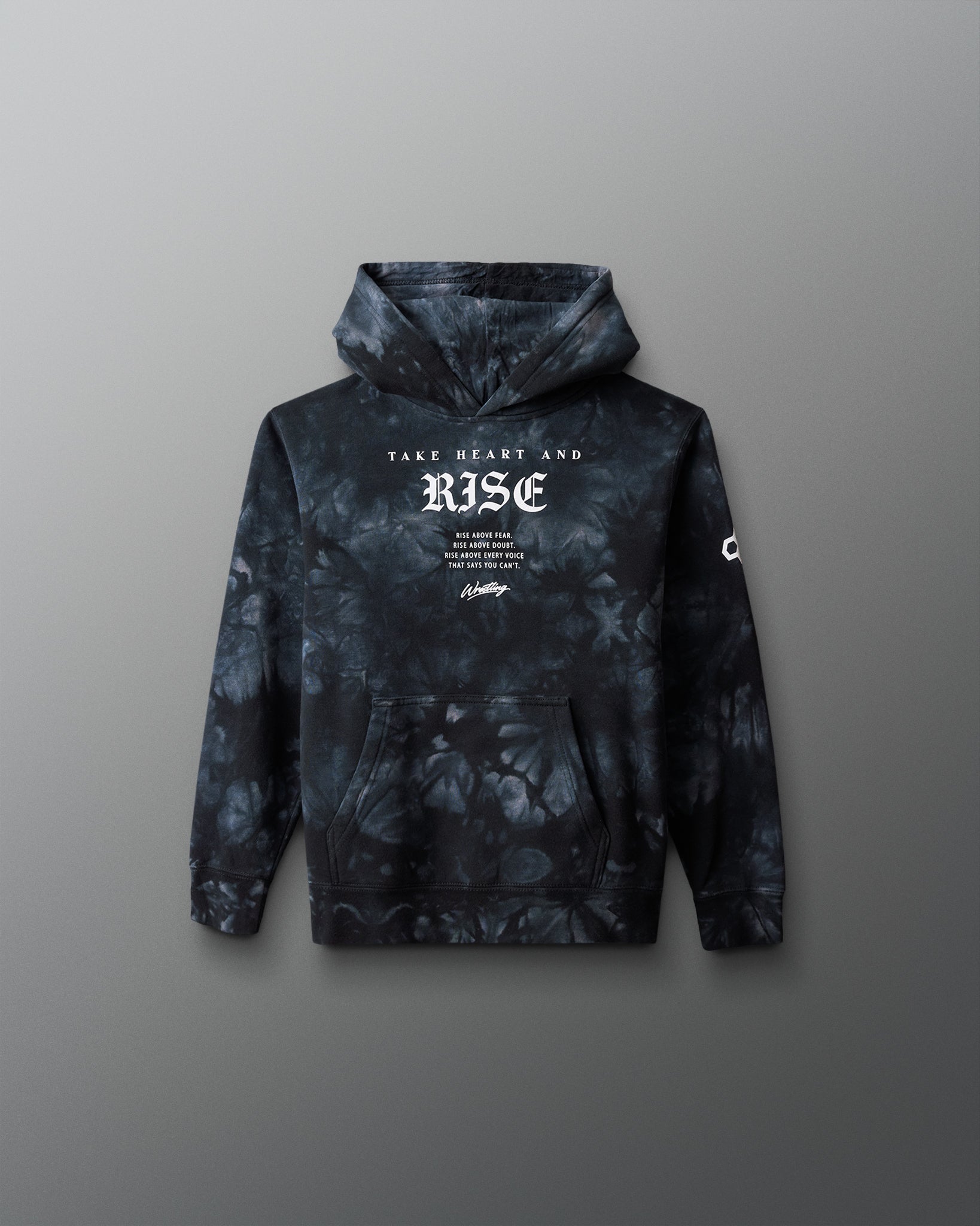 Tie-dye hoodie with text on a gray background
