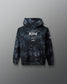 Tie-dye hoodie with text on a gray background
