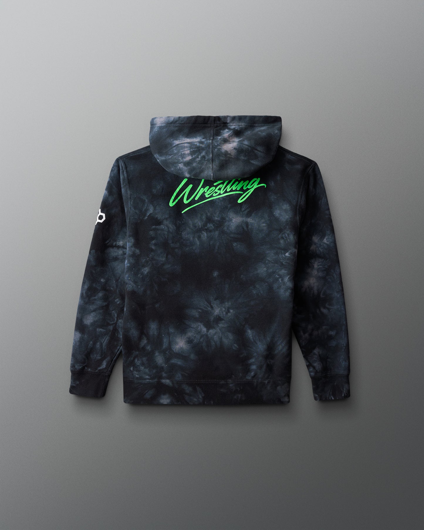 Tie-dye hoodie with 'Wrestling' text on the back against a gray background