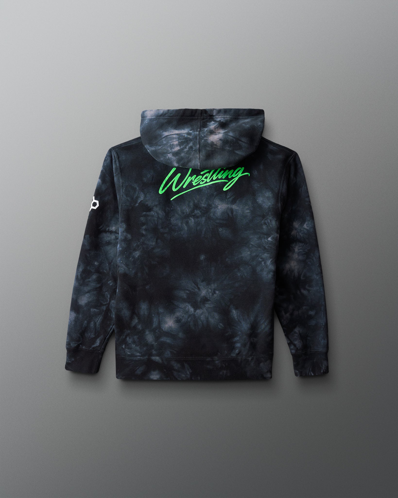 Tie-dye hoodie with 'Wrestling' text on the back against a gray background