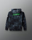 Tie-dye hoodie with 'Wrestling' text on the back against a gray background