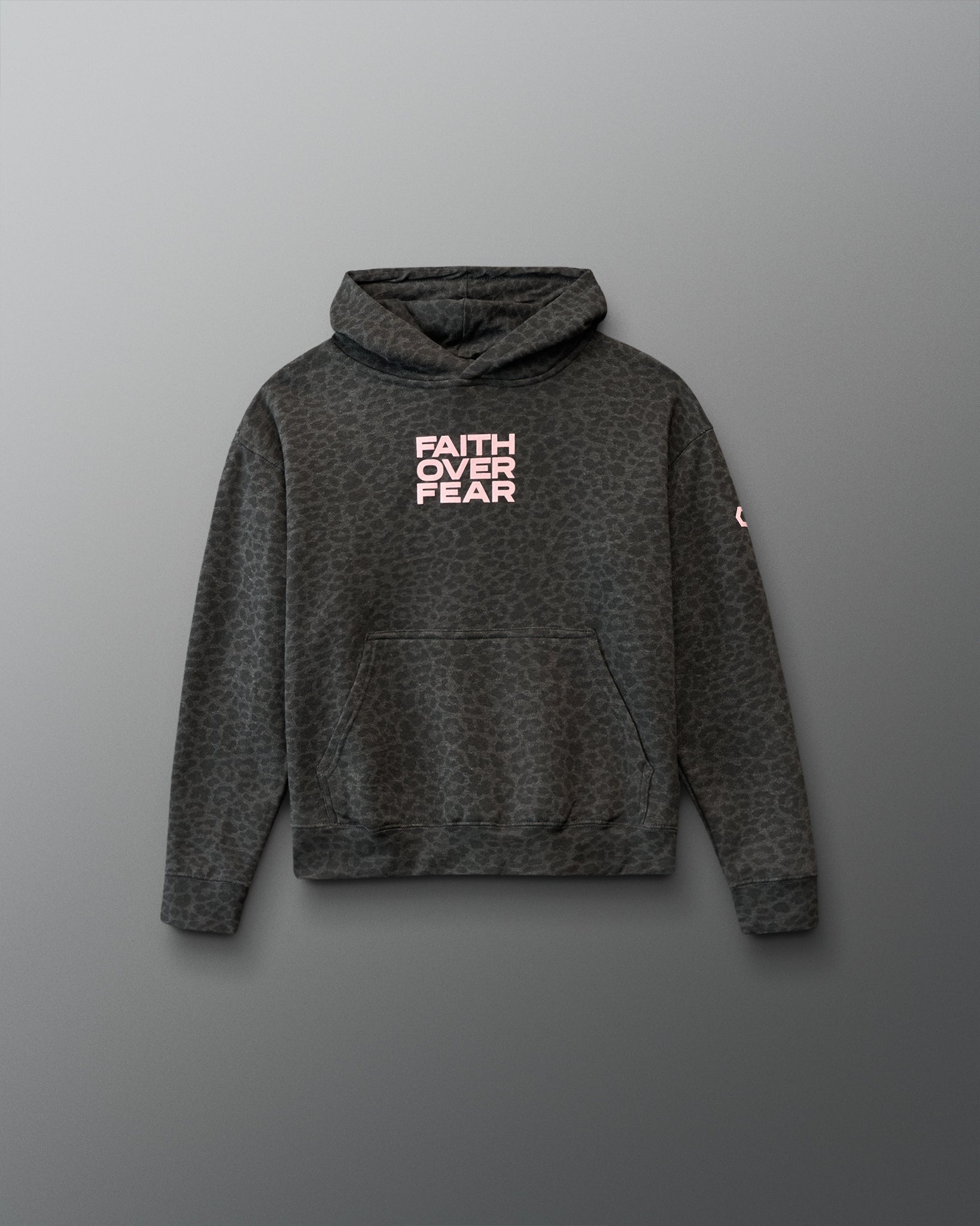 Gray hoodie with 'Faith Over Fear' text on a gray background