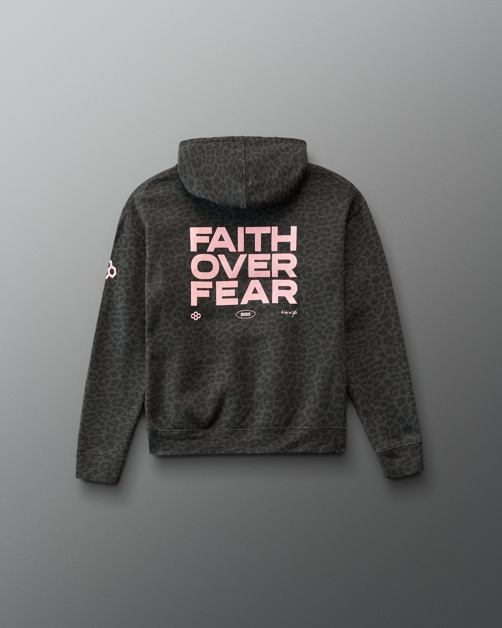 Dark gray hoodie with 'Faith Over Fear' text on the back against a gray background