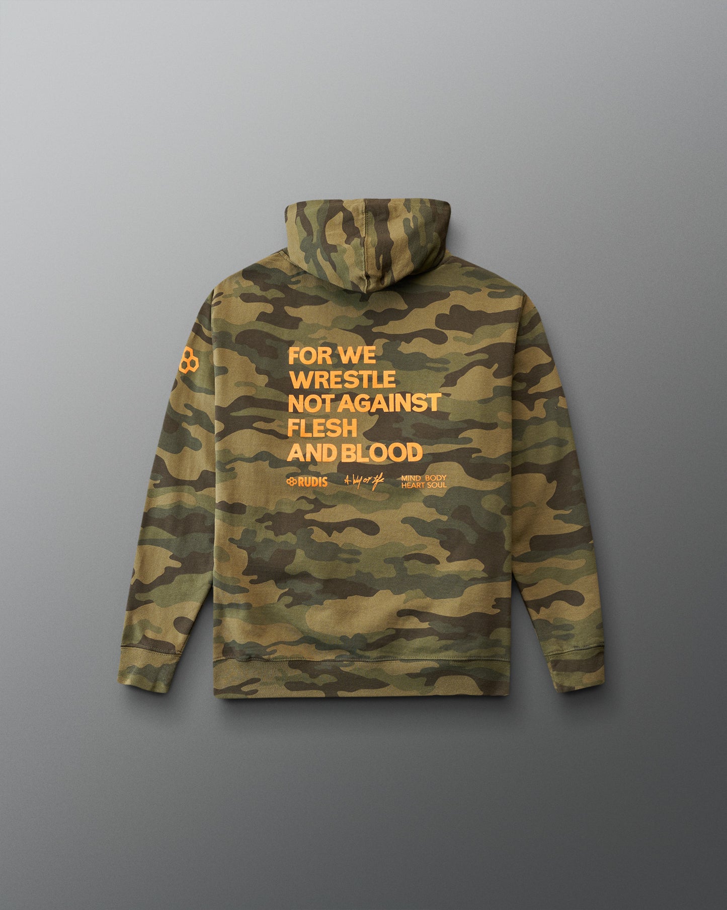 Camouflage hoodie with text on the back against a gray background