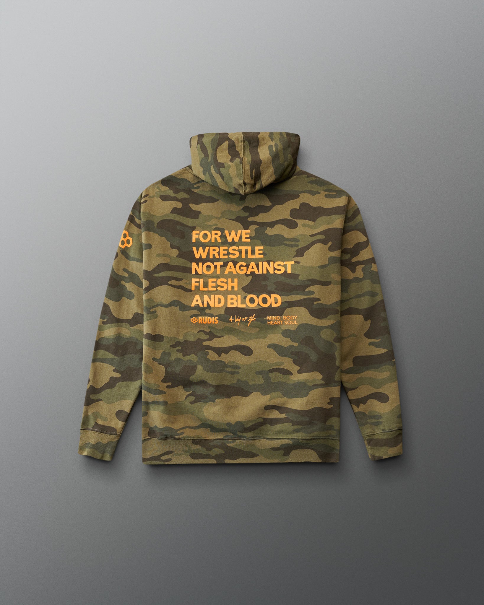 Camouflage hoodie with text on the back against a gray background