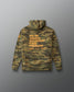 Camouflage hoodie with text on the back against a gray background