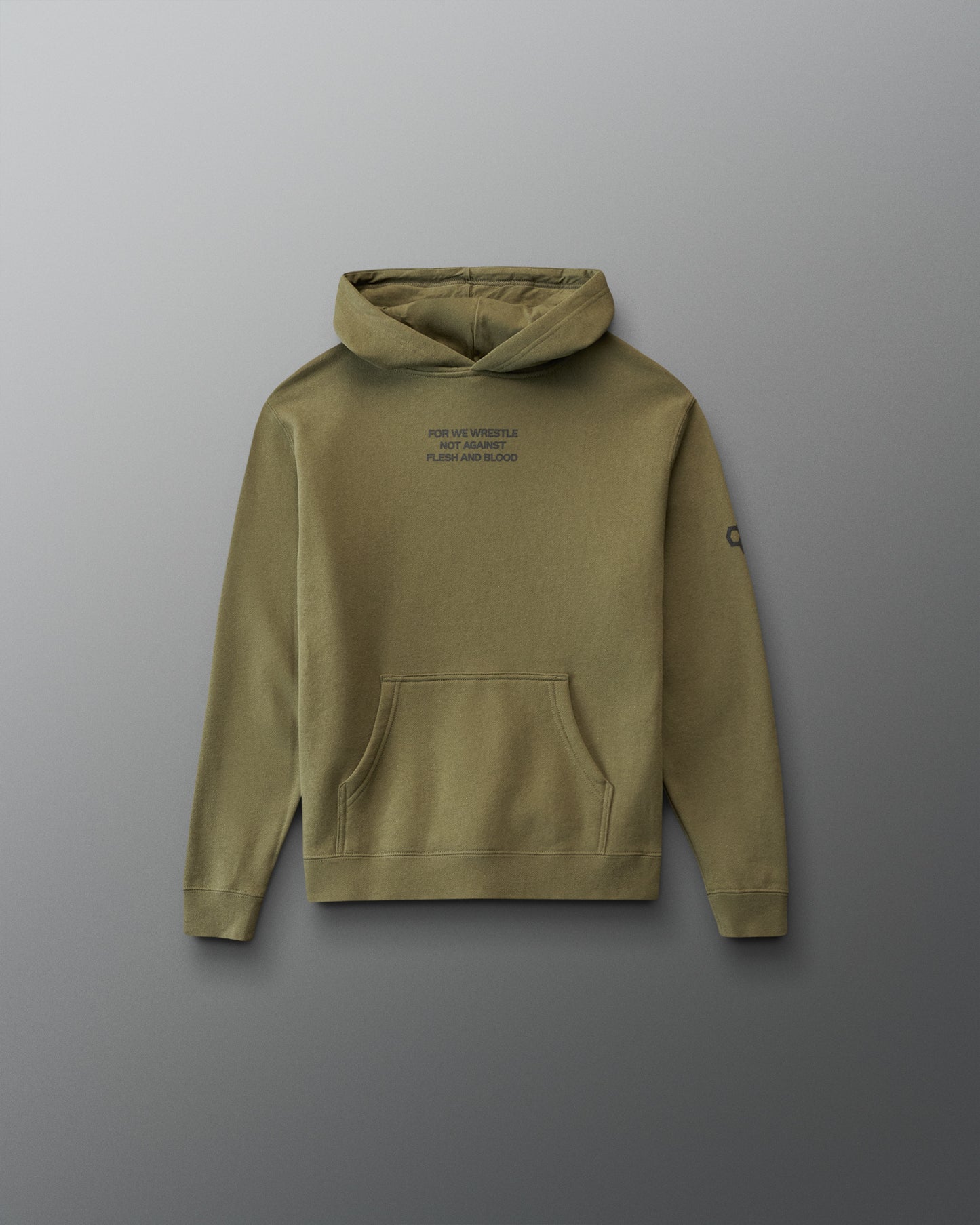 Green hoodie with text on a gray background