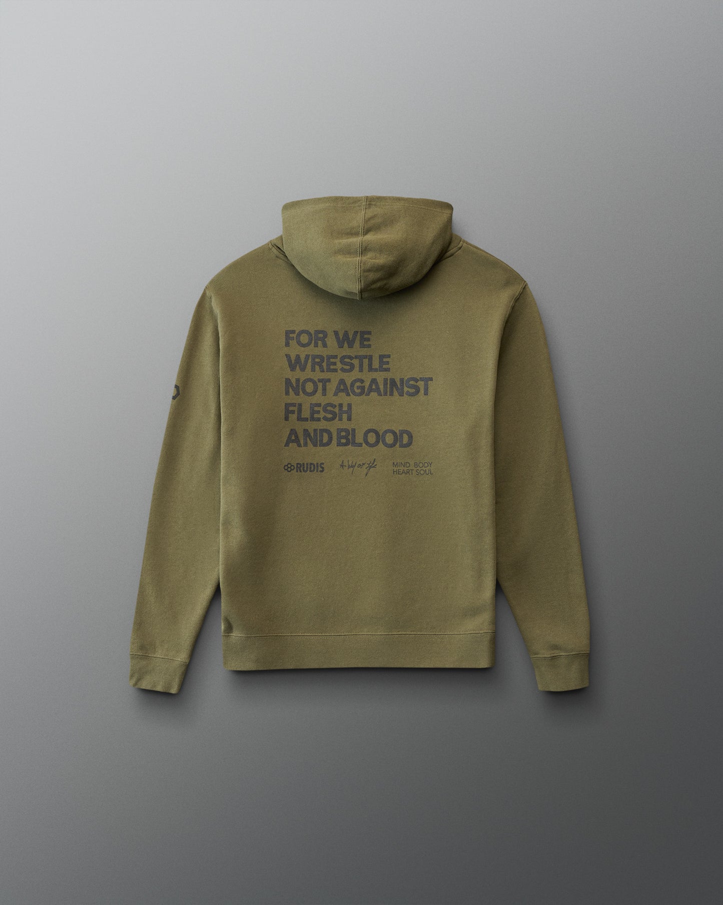 Green hoodie with text on the back against a gray background