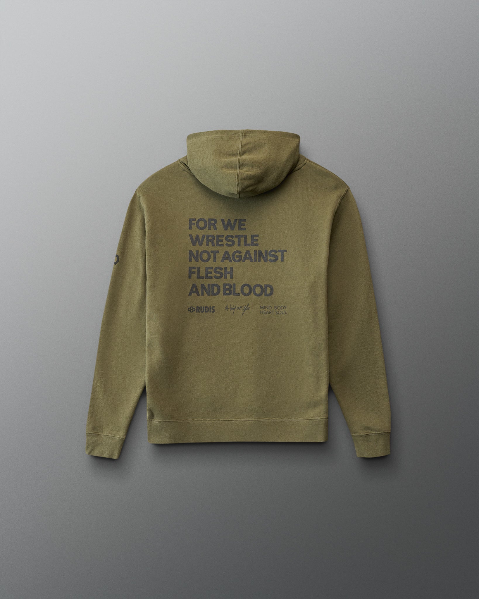 Green hoodie with text on the back against a gray background