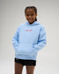 RUDIS Fear Has No Power Youth Comfort Fleece Hoodie in Light Blue, featuring a red A Way of Life chest graphic, classic hood, and front kangaroo pocket.