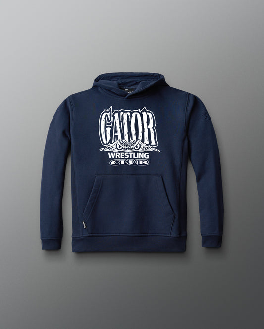 Navy blue hoodie with 'Gator Wrestling Club' text on a gray background
