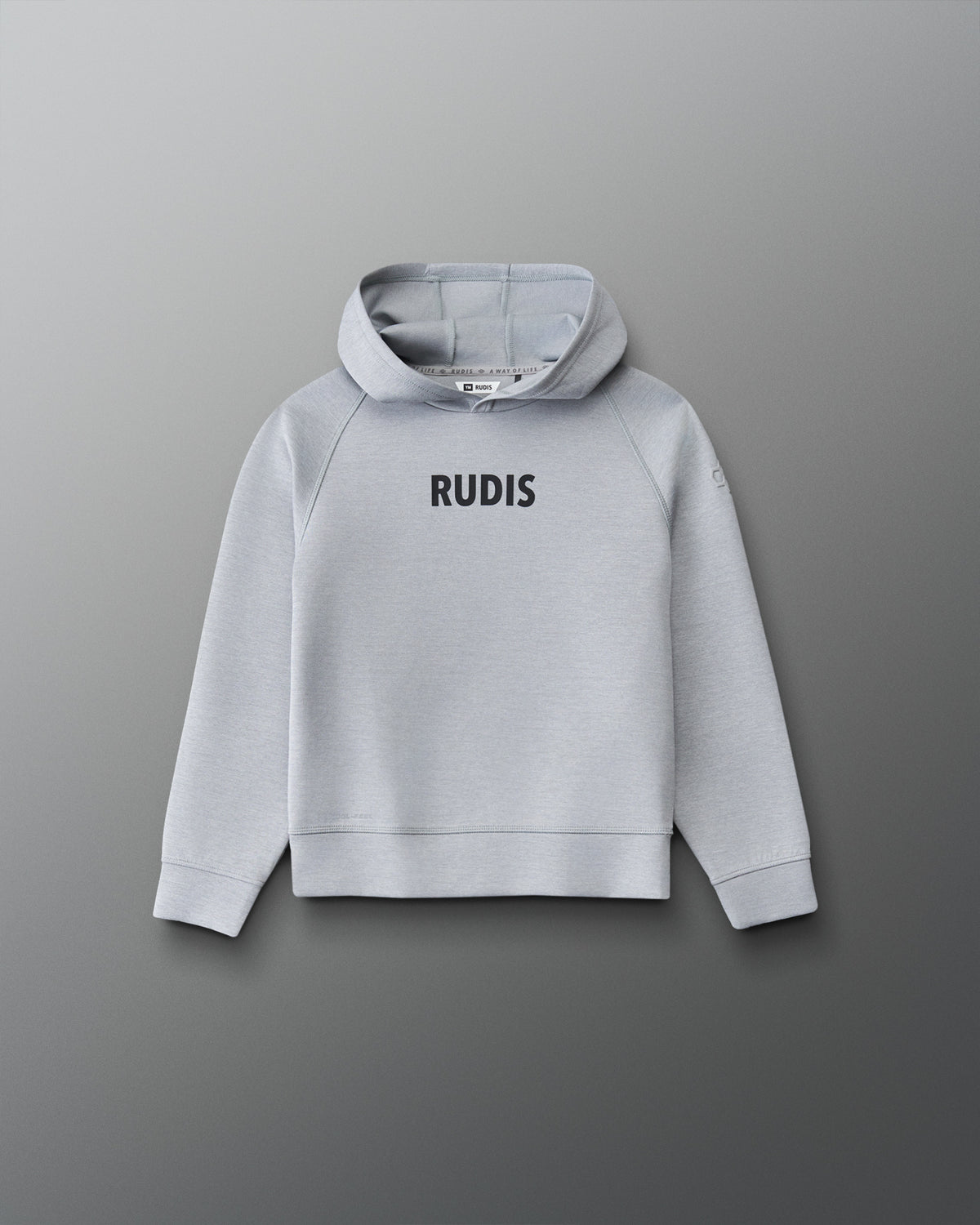 Front view of the RUDIS Contrast Youth COOL-FEEL Hoodie in heather gray with black RUDIS chest branding, raglan sleeves, and pullover hood.