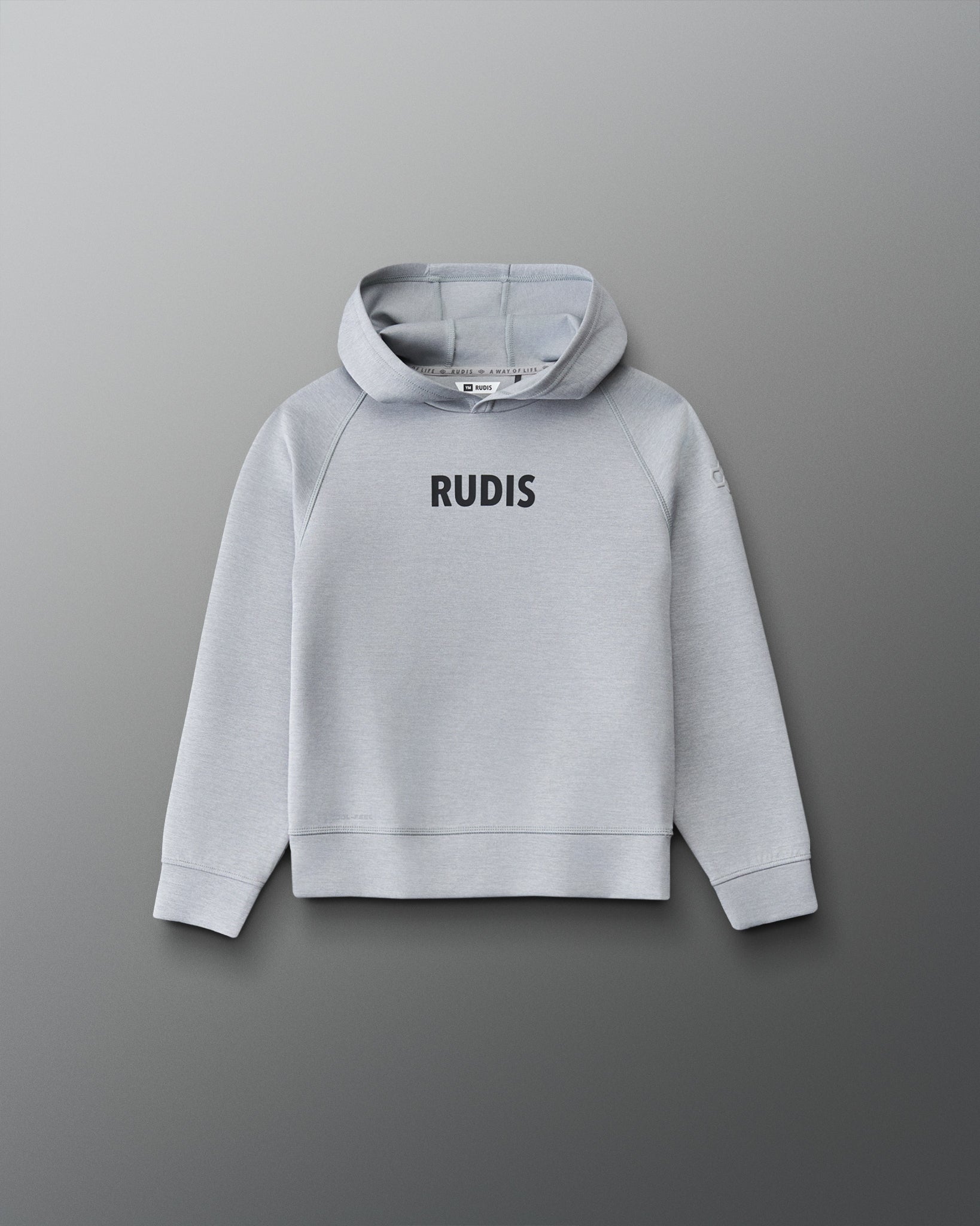 Front view of the RUDIS Contrast Youth COOL-FEEL Hoodie in heather gray with black RUDIS chest branding, raglan sleeves, and pullover hood.
