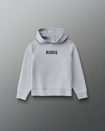 Front view of the RUDIS Contrast Youth COOL-FEEL Hoodie in heather gray with black RUDIS chest branding, raglan sleeves, and pullover hood.