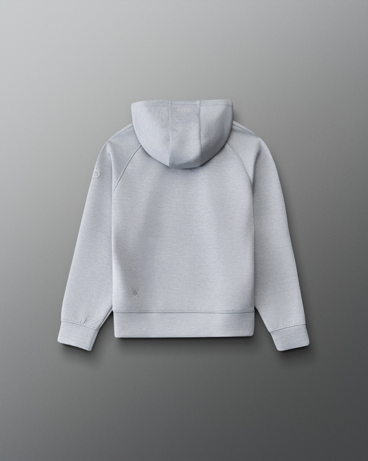 Back view of the RUDIS Contrast Youth COOL-FEEL Hoodie in heather gray, featuring a paneled hood, raglan seams, and subtle RUDIS branding.